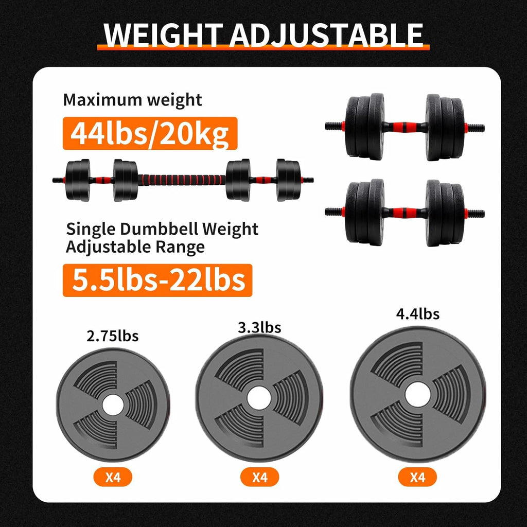 5-44lbs Adjustable Dumbbell to Barbell Set, Anti-Slip Grip, Versatile Home Gym, Fitness Strength Training, and Barbell Weight Plates