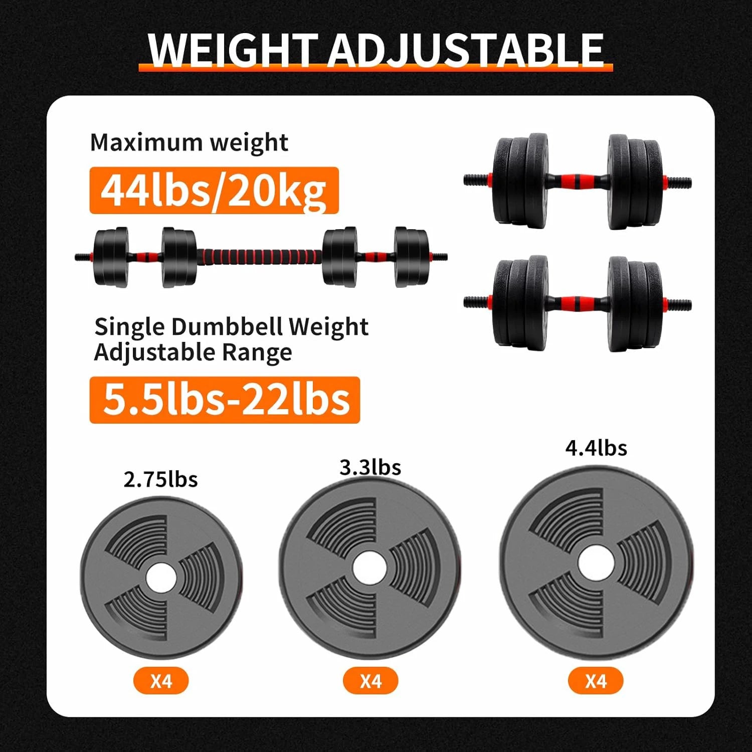 5-44lbs Adjustable Dumbbell to Barbell Set, Anti-Slip Grip, Versatile Home Gym, Fitness Strength Training, and Barbell Weight Plates