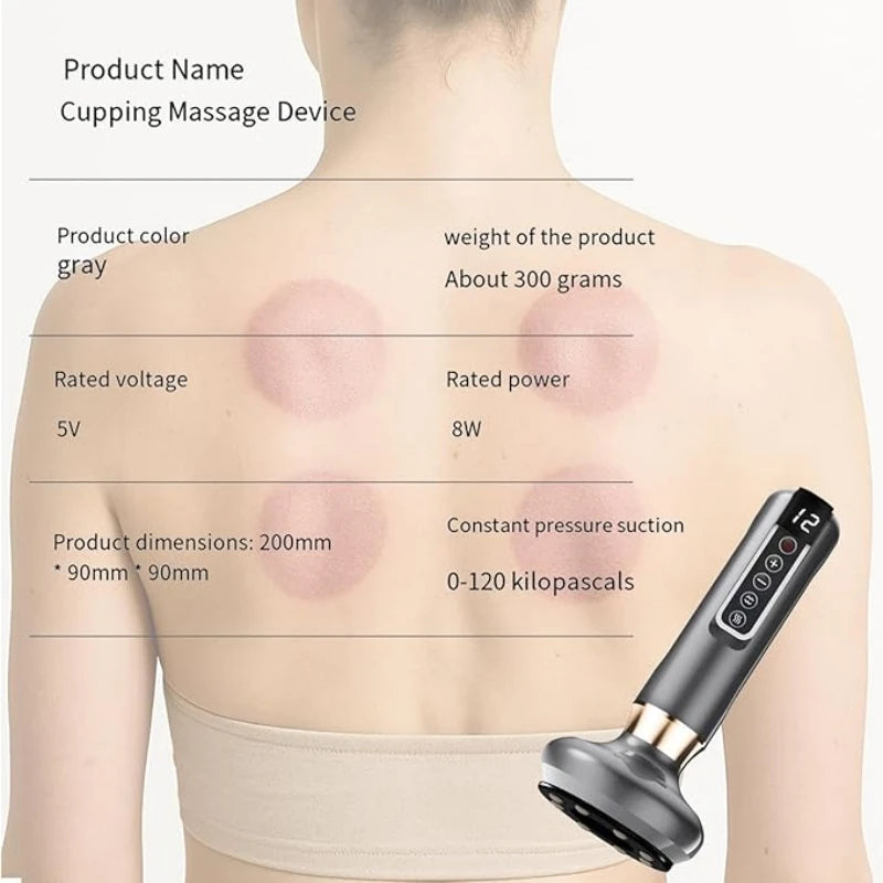 A full body cupping, scraping and massaging device with 12 level intensity, powered by USB, using vacuum cupping technology
