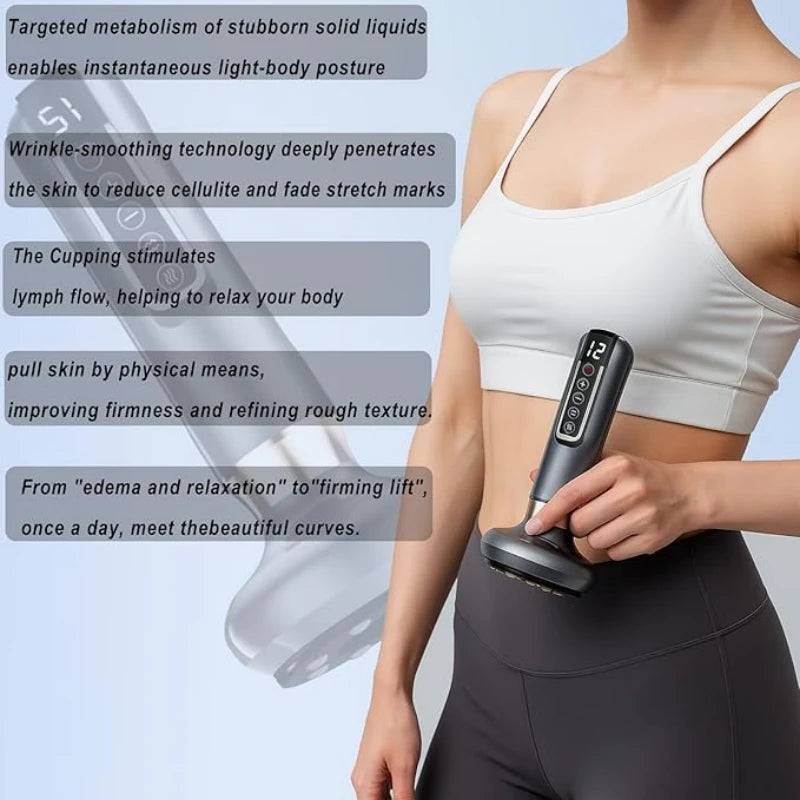 A full body cupping, scraping and massaging device with 12 level intensity, powered by USB, using vacuum cupping technology