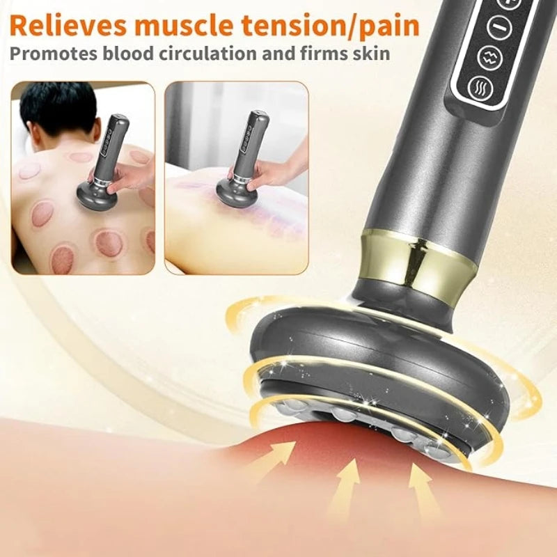 A full body cupping, scraping and massaging device with 12 level intensity, powered by USB, using vacuum cupping technology