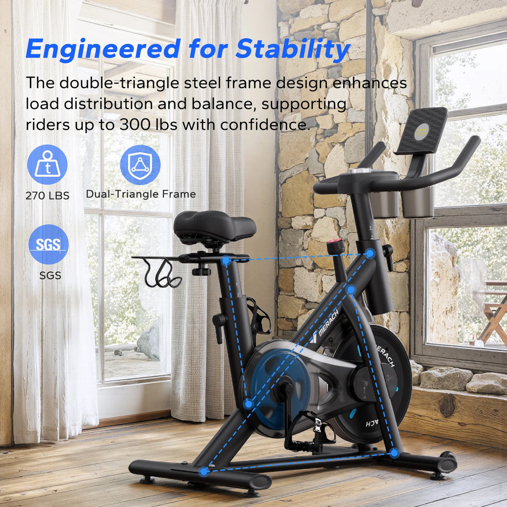 MERACH Exercise Bike, Brake Pad, Magnetic Stationary Bike with Exclusive App, Low Noise, Indoor Cycling Bike with Fitness Courses