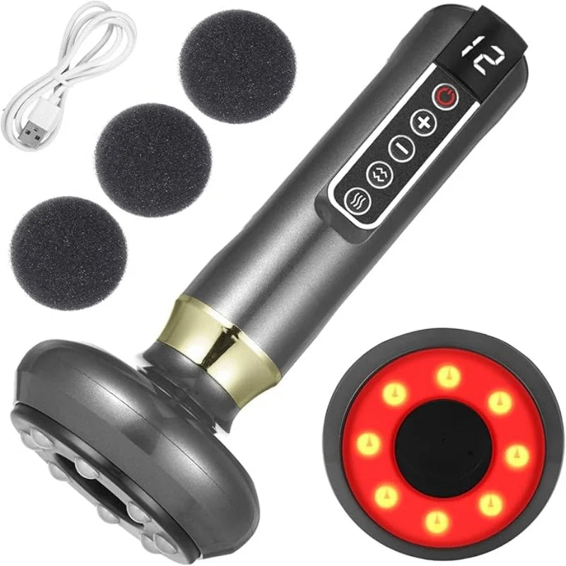 A full body cupping, scraping and massaging device with 12 level intensity, powered by USB, using vacuum cupping technology