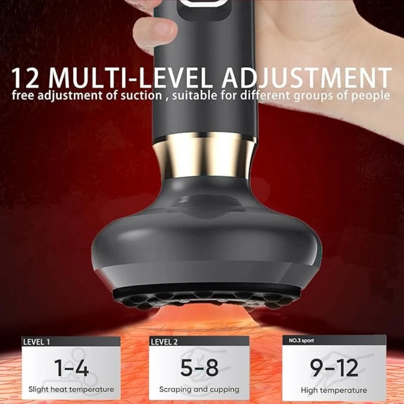A full body cupping, scraping and massaging device with 12 level intensity, powered by USB, using vacuum cupping technology