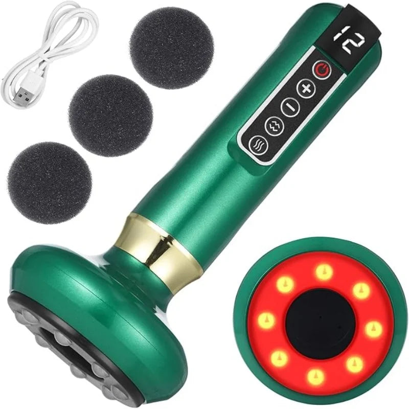 A full body cupping, scraping and massaging device with 12 level intensity, powered by USB, using vacuum cupping technology