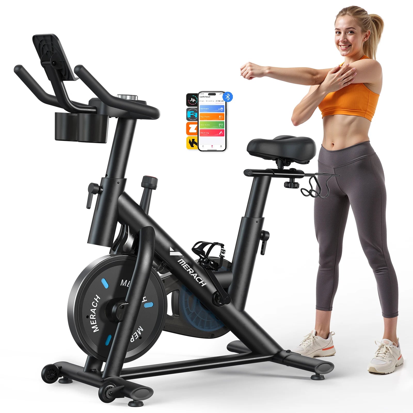 MERACH Exercise Bike, Brake Pad, Magnetic Stationary Bike with Exclusive App, Low Noise, Indoor Cycling Bike with Fitness Courses