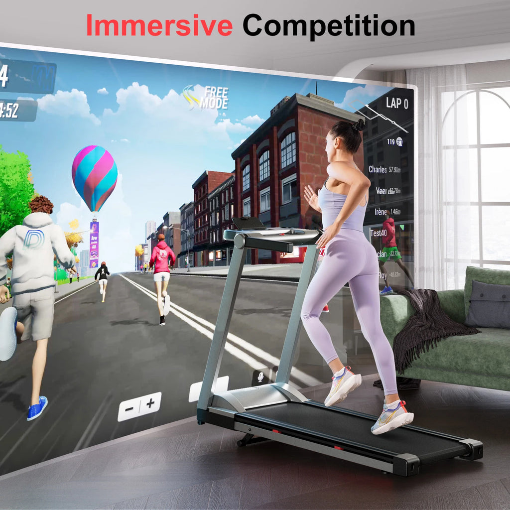 3.5HP Foldable Home Treadmill with Handle Bar, Touch Screen Smart App Data Monitoring, 350LBS Capacity