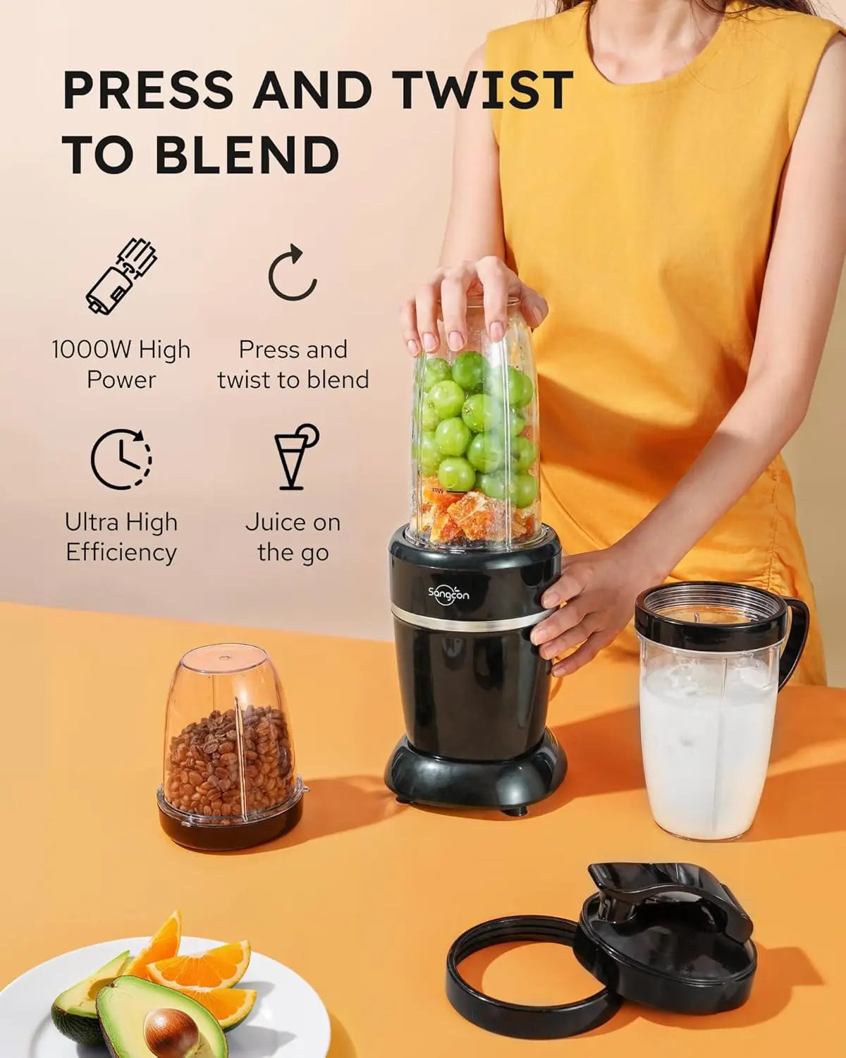 1000W Portable Smoothie Blender with 3 Cups, Ice Crushing, Travel-Friendly for Shakes and Drinks