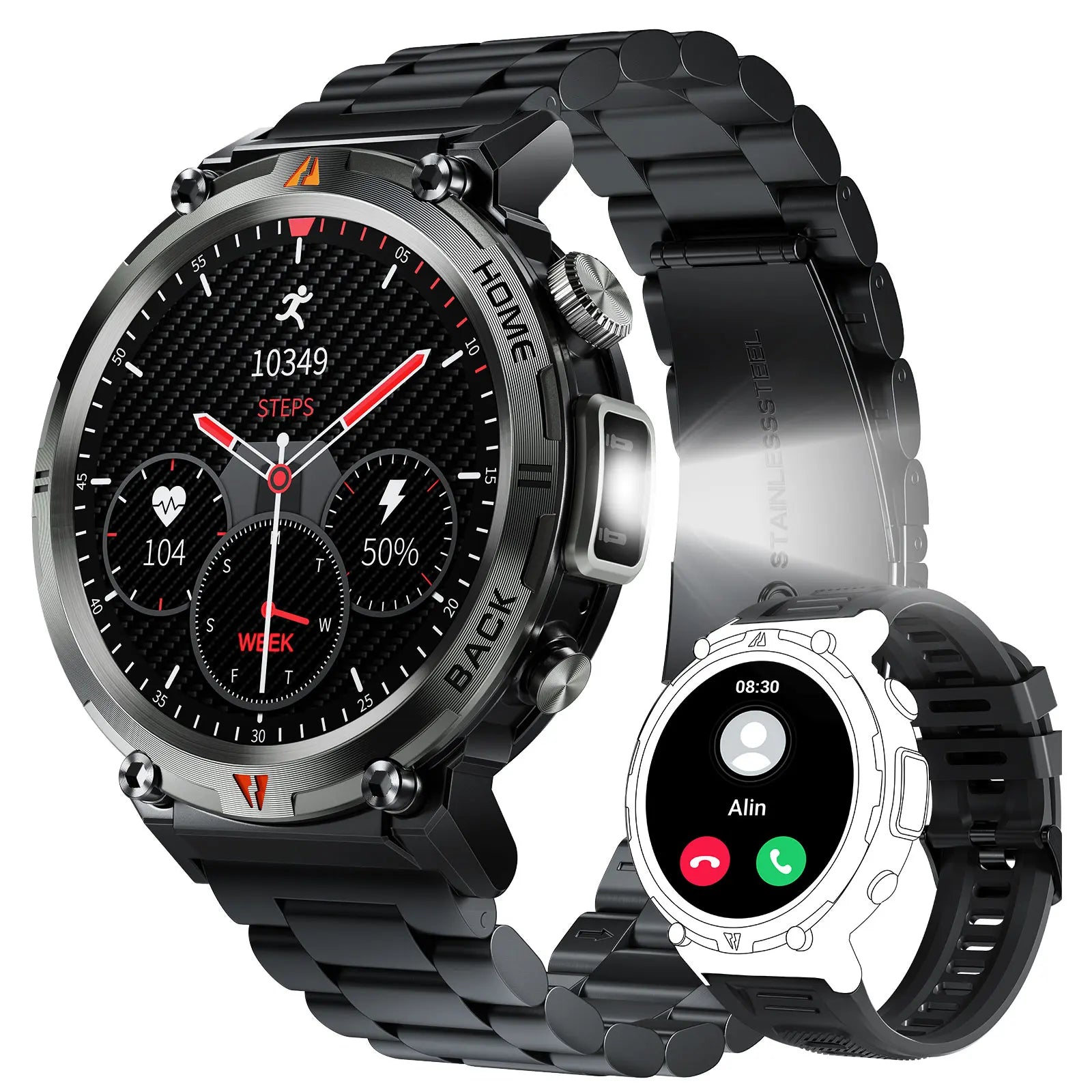 Bluetooth Smartwatch, Full Touch Screen With Health Monitor, Heart Rate, Calling, and Flashlight