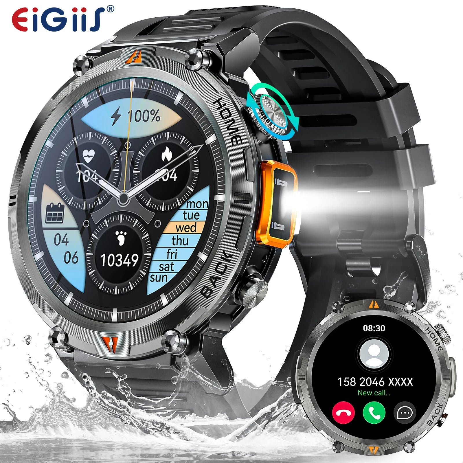 Bluetooth Smartwatch, Full Touch Screen With Health Monitor, Heart Rate, Calling, and Flashlight