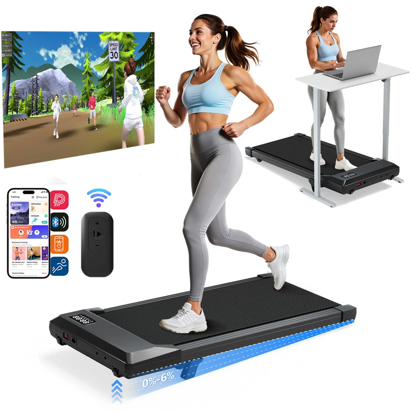 2.5 HP Foldable Under Desk Quiet Treadmill with Portable Remote Control LED Display, 300LBS Exercise Walkingpad, 6% incline