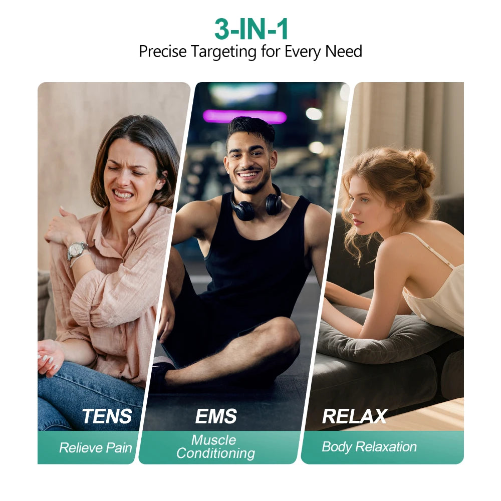3-in-1 TENS EMS Unit Wireless, Dual Channel Muscle Stimulator, 25 Intensities, 8 Areas App Control, Back Pain Relief Therapy