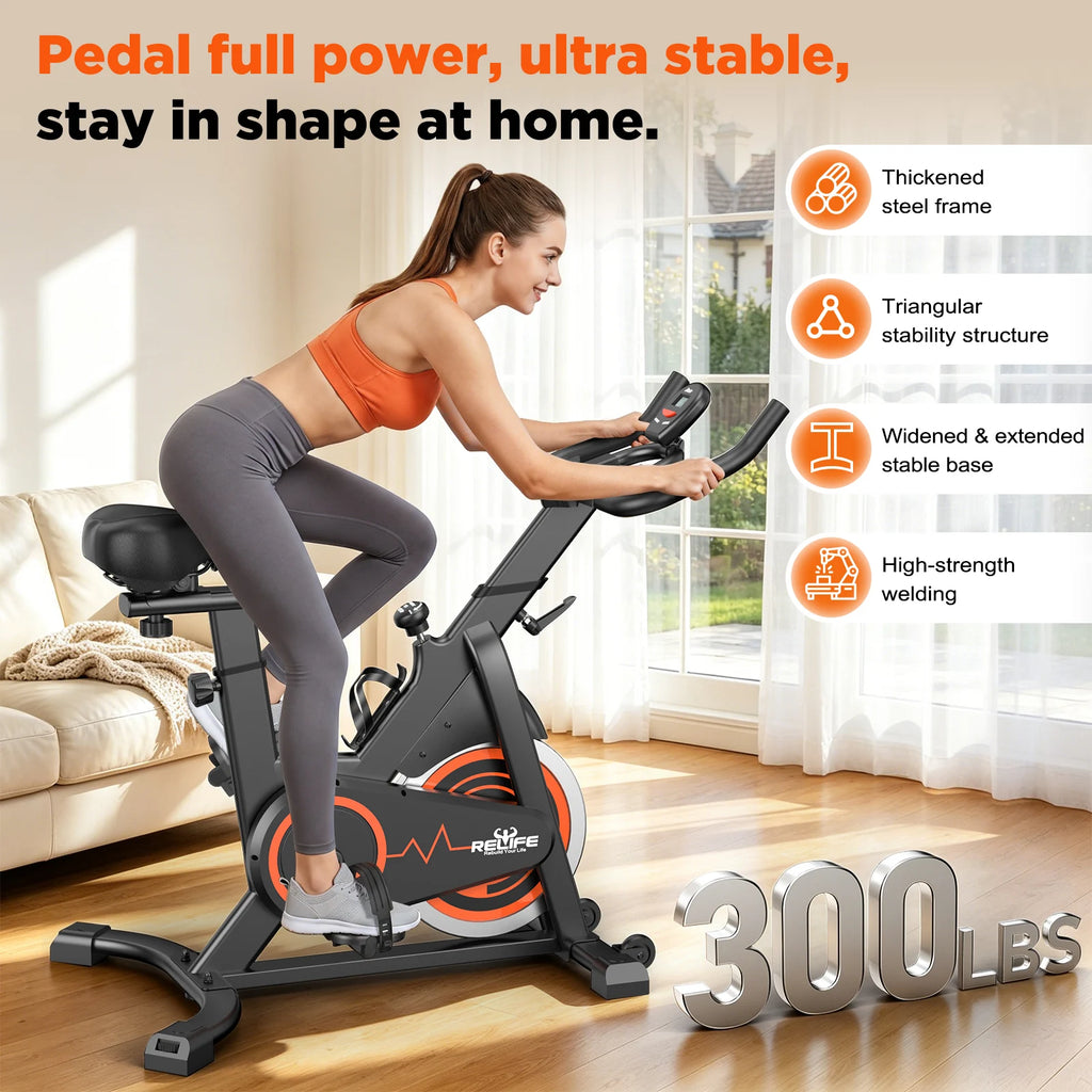 RELIFE Stationary Exercise Bike, Silent Belt Drive, Indoor Cycling Bike, Adjustable, Resistance Home Cardio Fitness Bike with LCD Monitor Tablet Holder