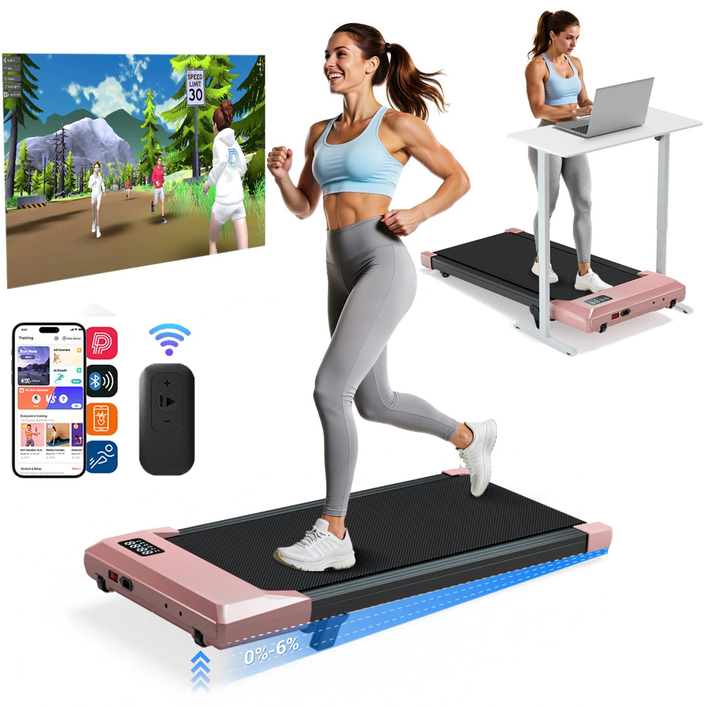 2.5 HP Foldable Under Desk Quiet Treadmill with Portable Remote Control LED Display, 300LBS Exercise Walkingpad, 6% incline