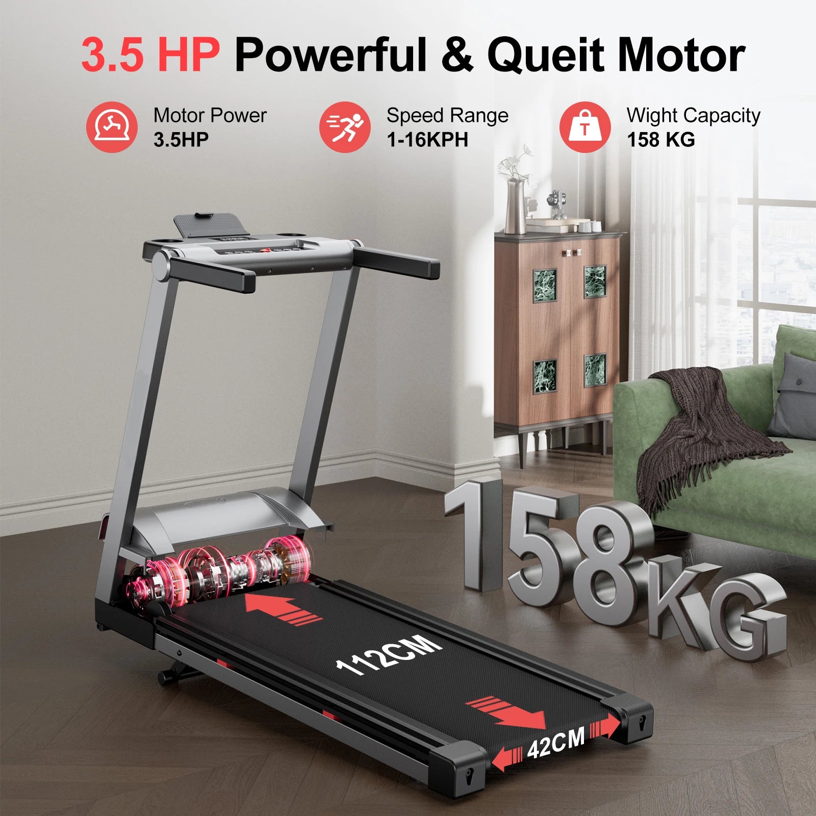 3.5HP Foldable Home Treadmill with Handle Bar, Touch Screen Smart App Data Monitoring, 350LBS Capacity