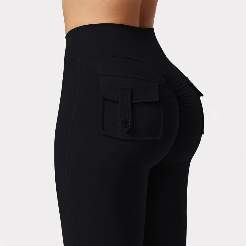 Summer Women's Cargo Pocket Fitness Tights, High-Waisted, Stretch Butt Lift, Yoga Running Pants