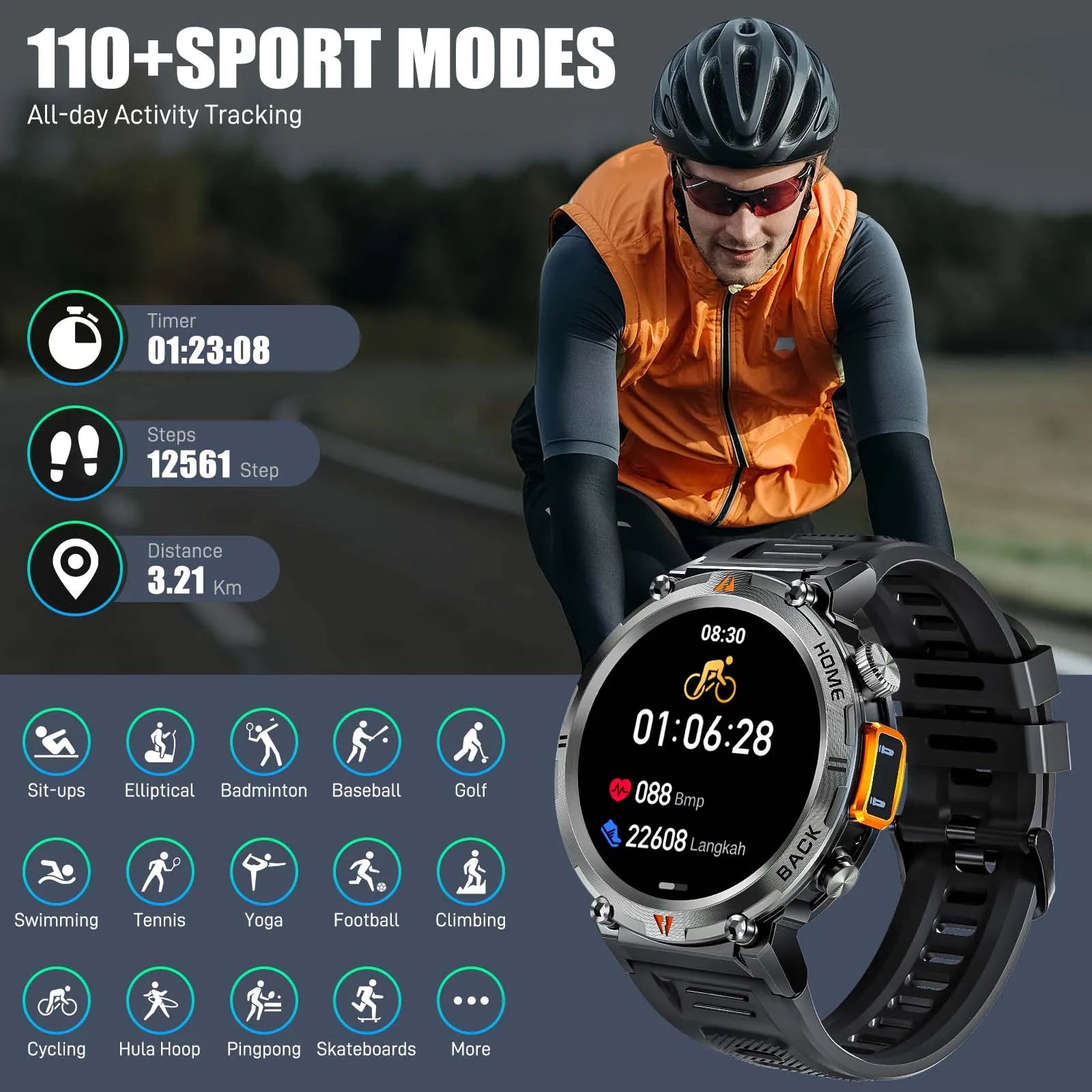 Bluetooth Smartwatch, Full Touch Screen With Health Monitor, Heart Rate, Calling, and Flashlight