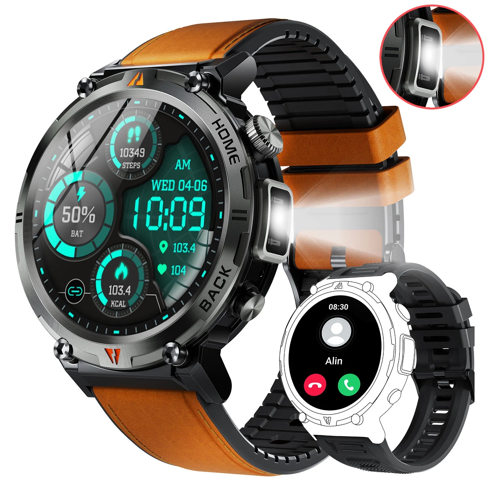 Bluetooth Smartwatch, Full Touch Screen With Health Monitor, Heart Rate, Calling, and Flashlight