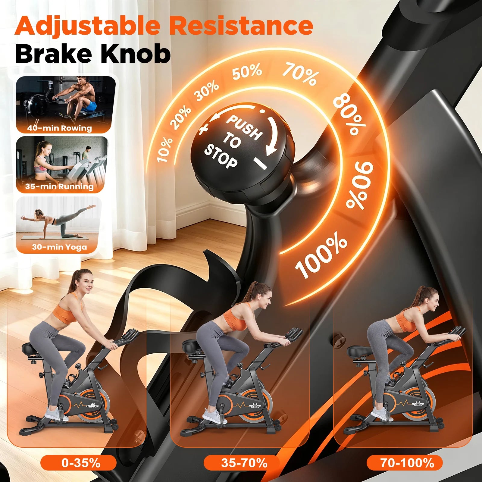 RELIFE Stationary Exercise Bike, Silent Belt Drive, Indoor Cycling Bike, Adjustable, Resistance Home Cardio Fitness Bike with LCD Monitor Tablet Holder