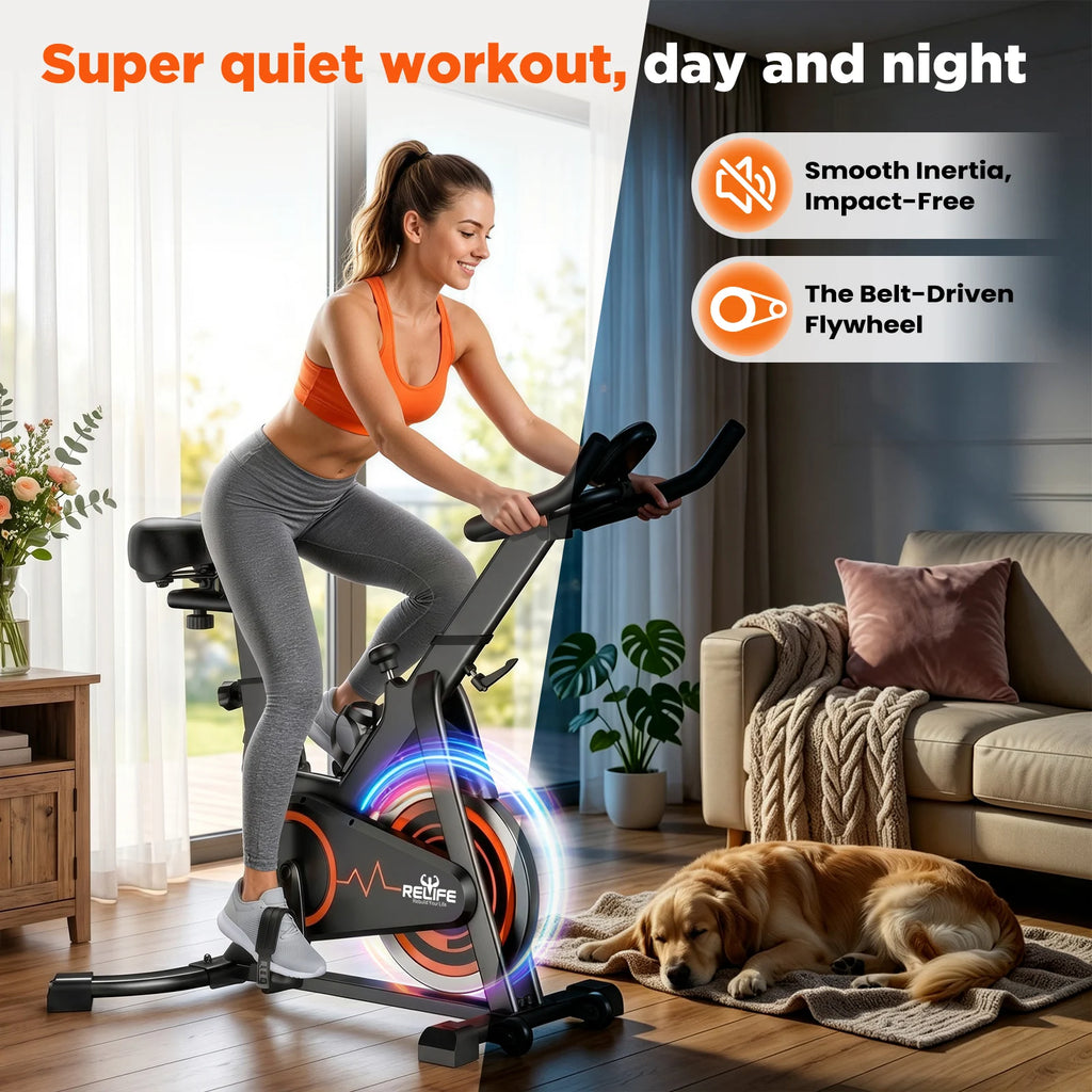 RELIFE Stationary Exercise Bike, Silent Belt Drive, Indoor Cycling Bike, Adjustable, Resistance Home Cardio Fitness Bike with LCD Monitor Tablet Holder