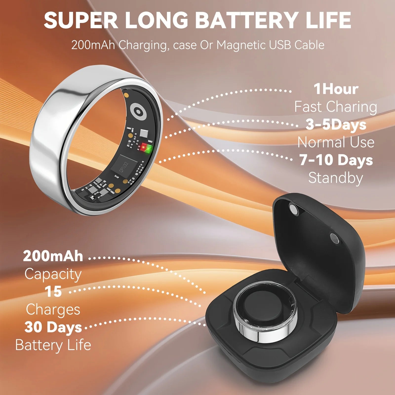 Smart Ring with Charging Case, Heart Rate, Oxygen Monitoring, Temperature Monitor, Waterproof for Android and IOS