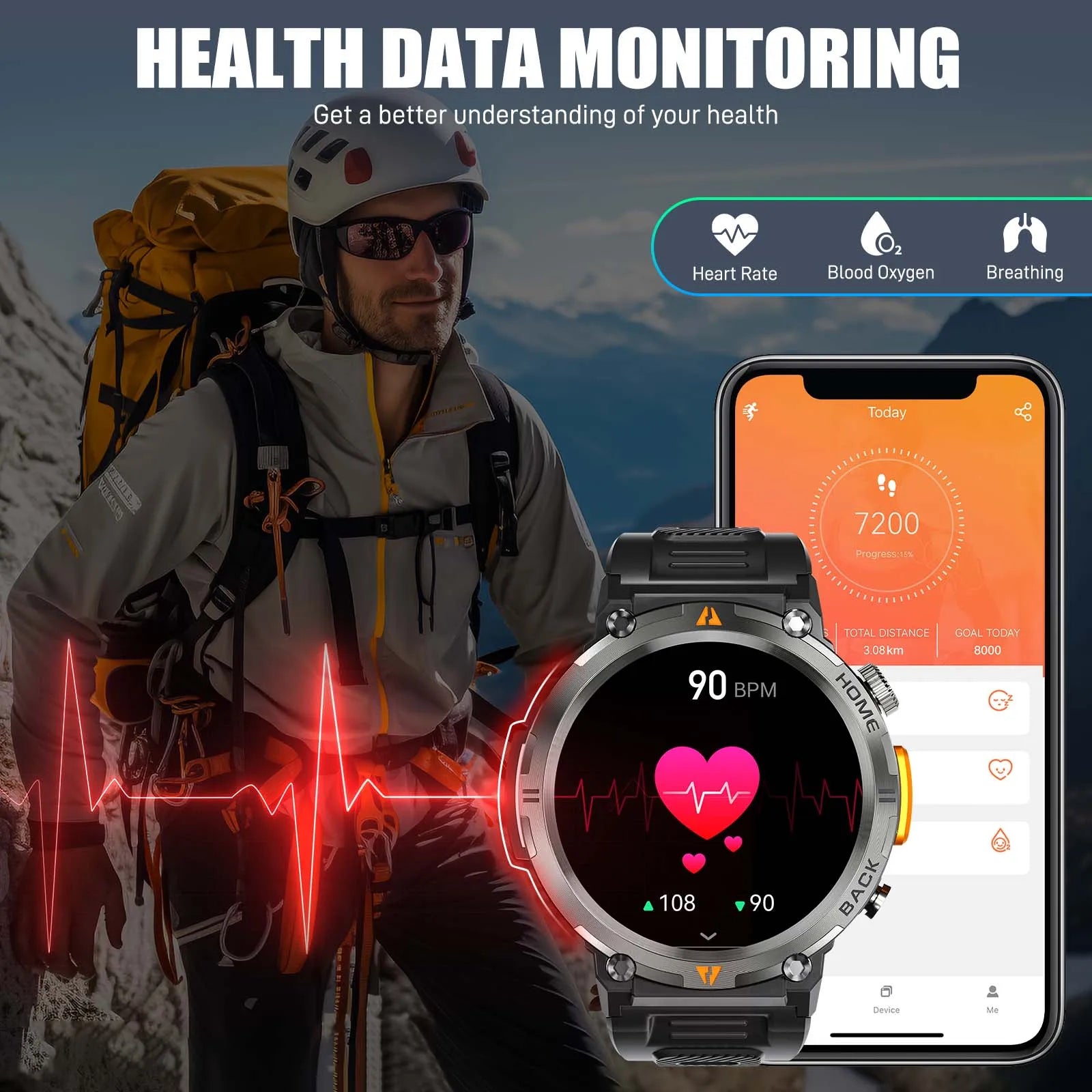 Bluetooth Smartwatch, Full Touch Screen With Health Monitor, Heart Rate, Calling, and Flashlight