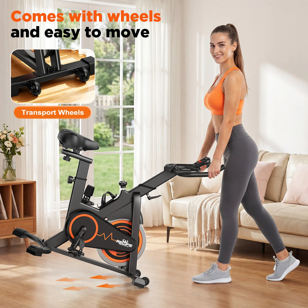 RELIFE Stationary Exercise Bike, Silent Belt Drive, Indoor Cycling Bike, Adjustable, Resistance Home Cardio Fitness Bike with LCD Monitor Tablet Holder