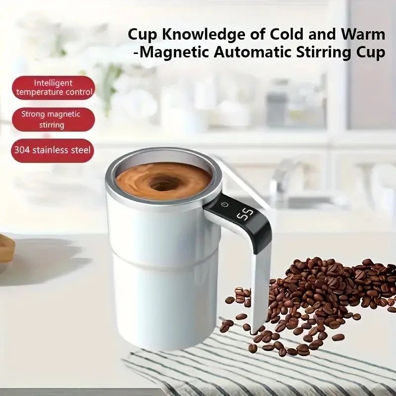 Smart Coffee Cup LED Display, USB Charging, and Magnetic Mixing Function