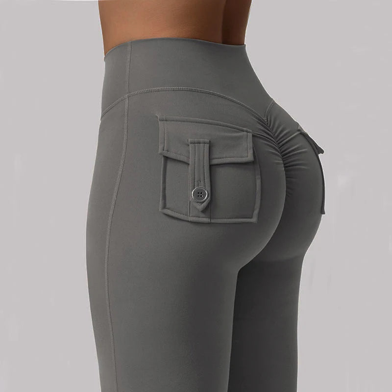 Summer Women's Cargo Pocket Fitness Tights, High-Waisted, Stretch Butt Lift, Yoga Running Pants