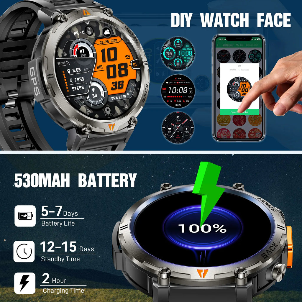 Bluetooth Smartwatch, Full Touch Screen With Health Monitor, Heart Rate, Calling, and Flashlight