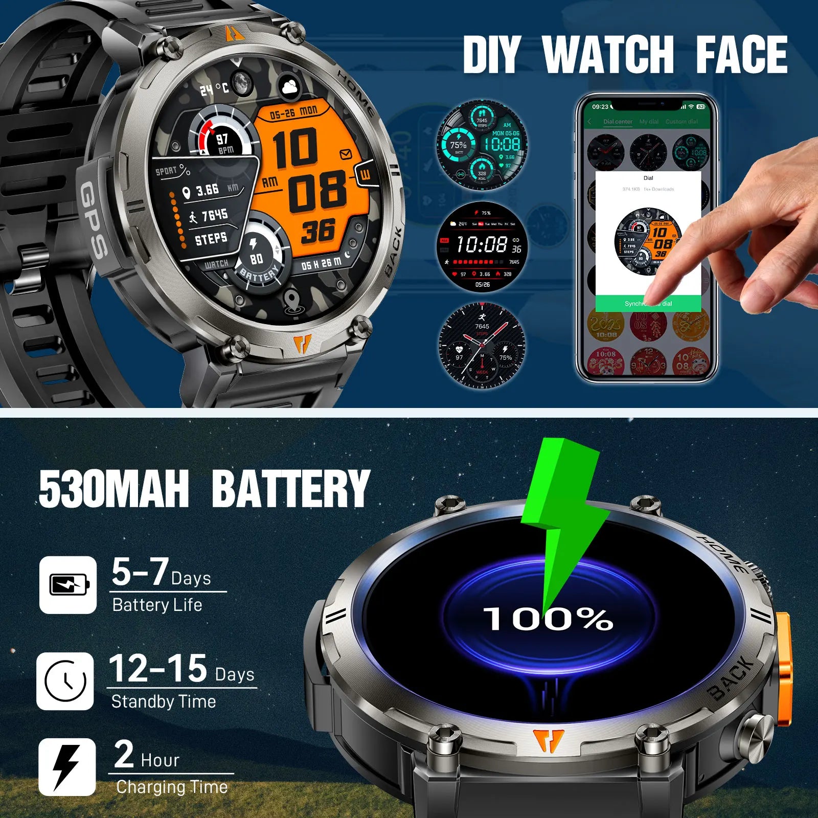 Bluetooth Smartwatch, Full Touch Screen With Health Monitor, Heart Rate, Calling, and Flashlight