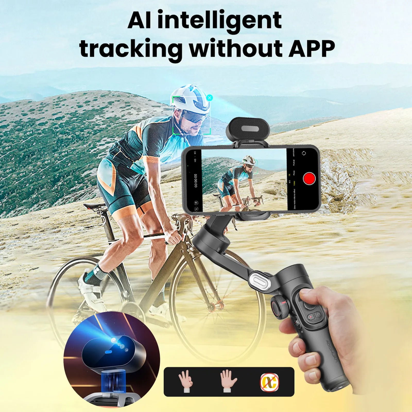 Smart AI Gimbal Stabilizer for Smartphone, AI Tracking, gesture control