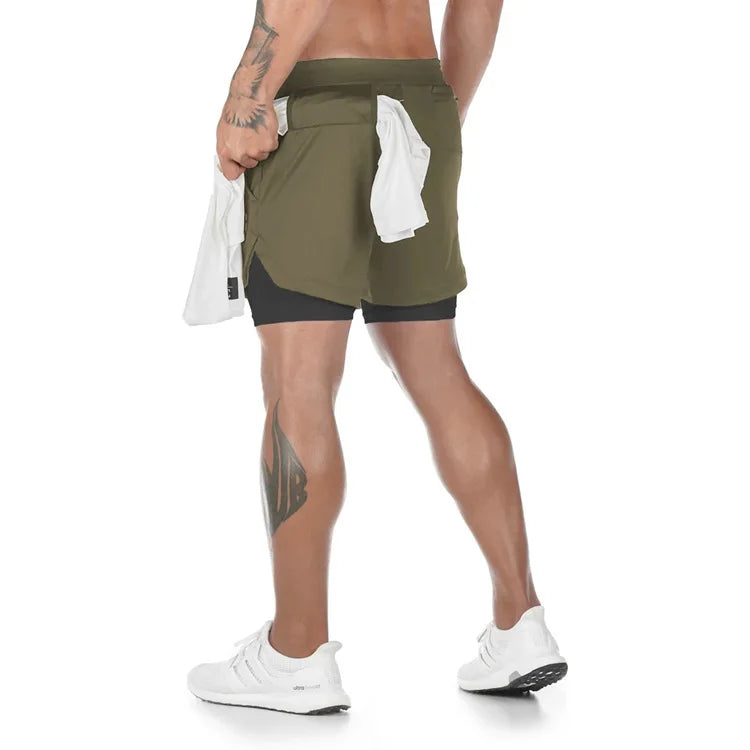 Camo men's 2-in-1 athletic shorts, featuring built-in compression liners and a secure side pocket for your phone or essentials. Designed for running, training, and gym workouts, they offer support, flexibility, and performanc