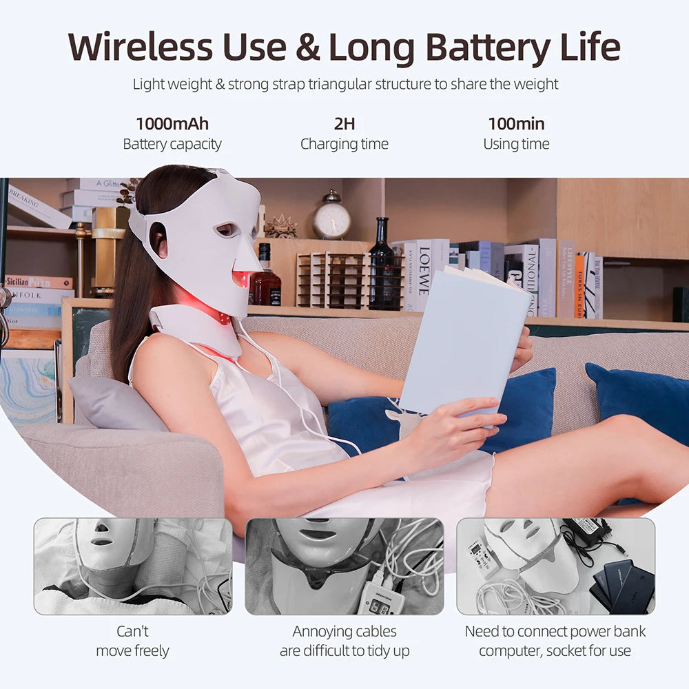 7 Colors, Face and Neck, 3D Flexible Silicone Facial Beauty Mask with Red Light Infrared Skin Car, Wireless