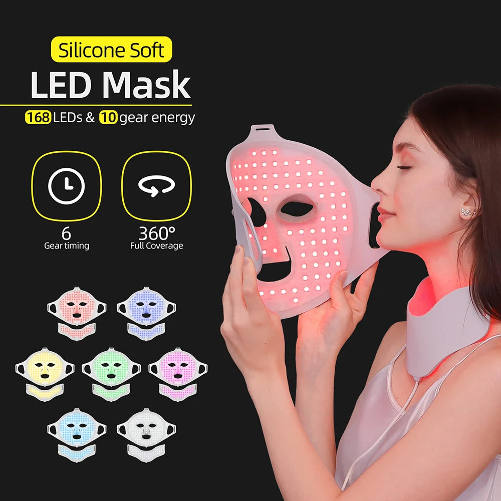 7 Colors, Face and Neck, 3D Flexible Silicone Facial Beauty Mask with Red Light Infrared Skin Car, Wireless
