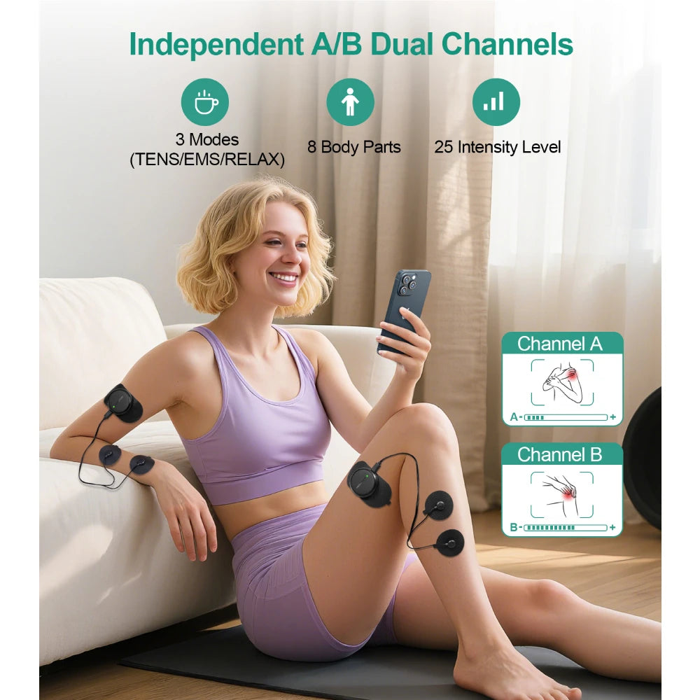 3-in-1 TENS EMS Unit Wireless, Dual Channel Muscle Stimulator, 25 Intensities, 8 Areas App Control, Back Pain Relief Therapy