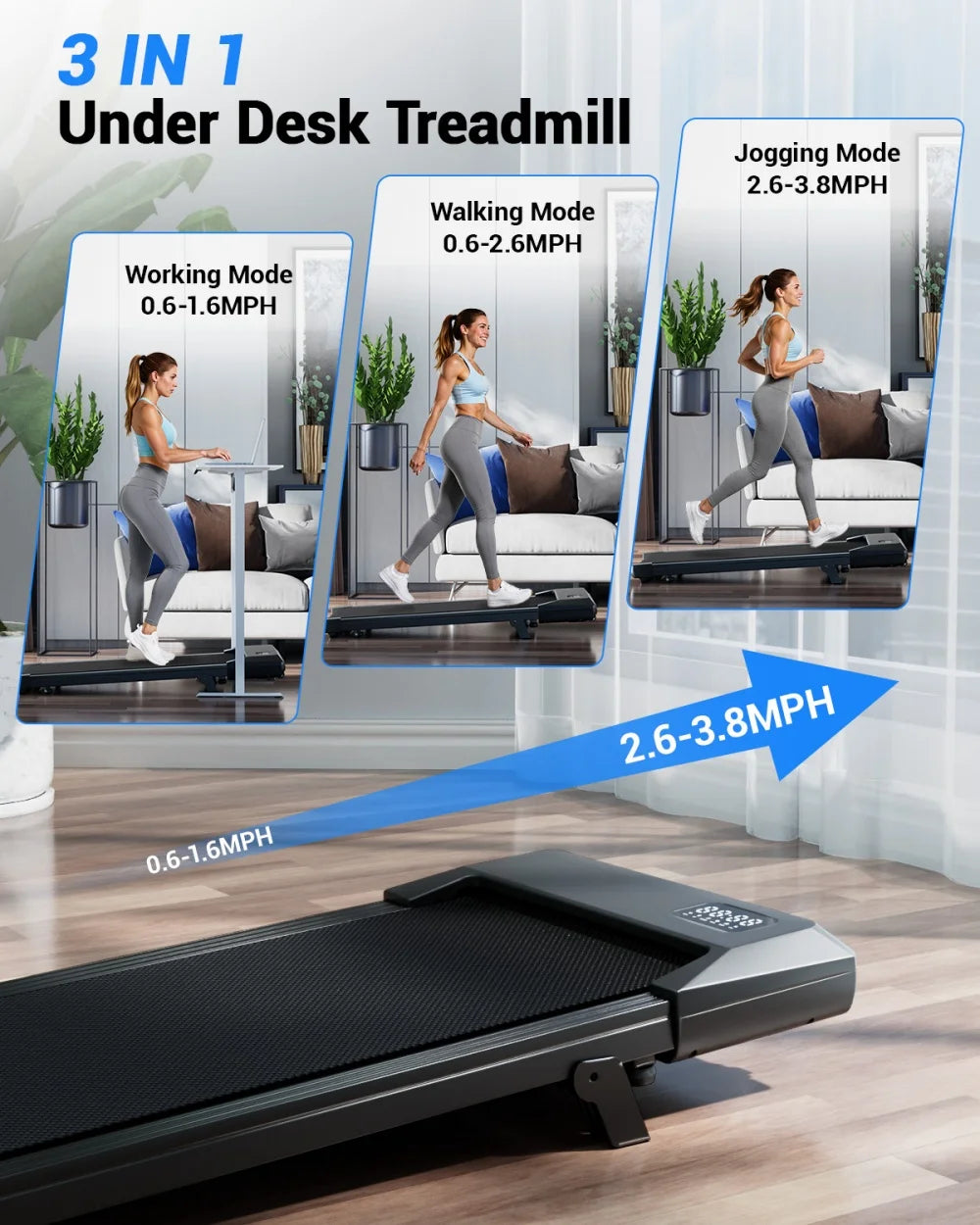 2.5 HP Foldable Under Desk Quiet Treadmill with Portable Remote Control LED Display, 300LBS Exercise Walkingpad, 6% incline