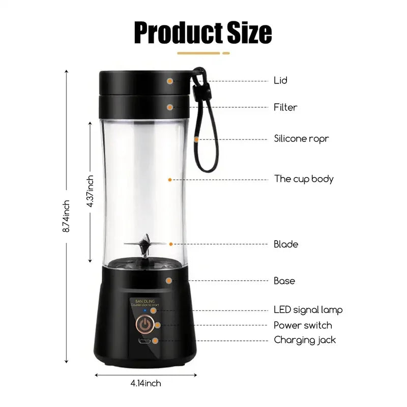 1 wireless portable electric juicer (400ml), juicing cup, vibrating screen, TYPE-C charging mini juicer (6-piece double cup)