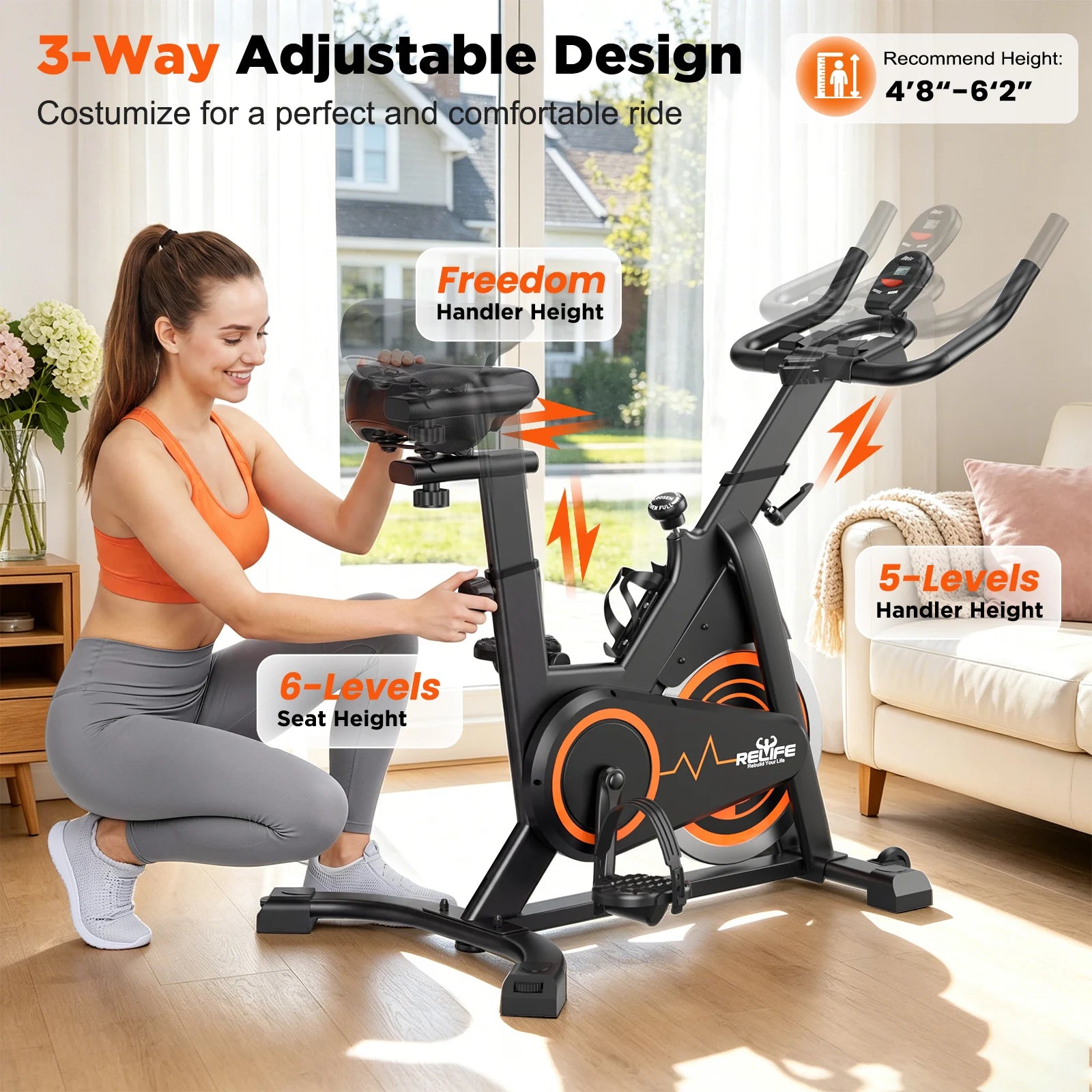 RELIFE Stationary Exercise Bike, Silent Belt Drive, Indoor Cycling Bike, Adjustable, Resistance Home Cardio Fitness Bike with LCD Monitor Tablet Holder