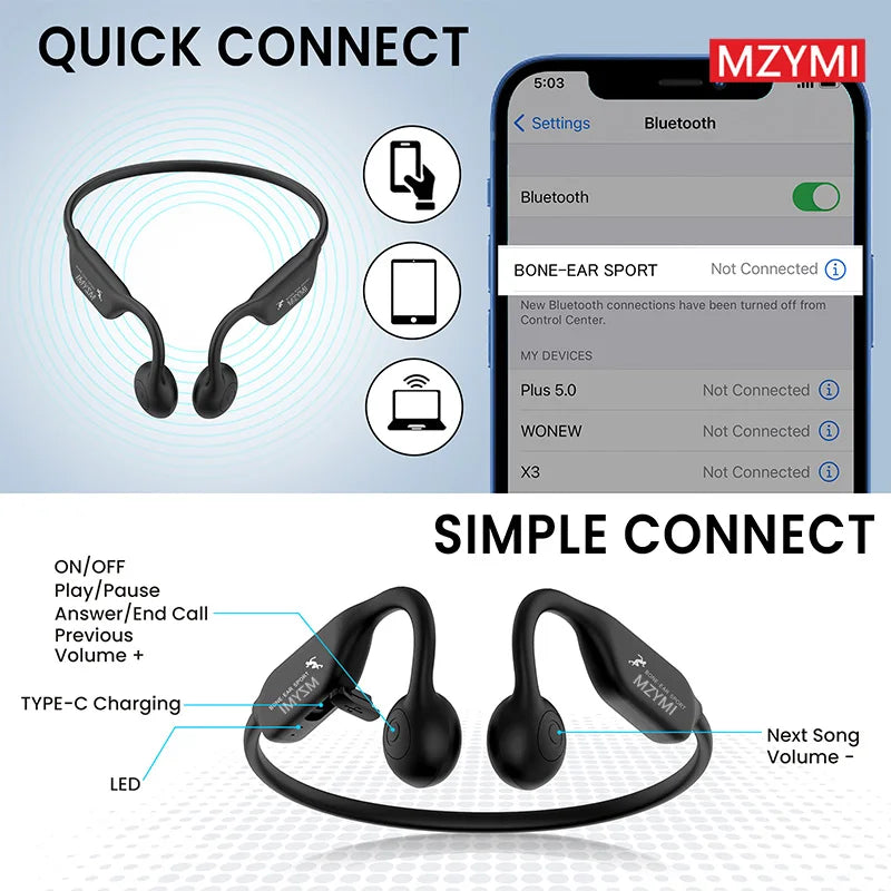 TWS Earphone Bone Conduction Waterproof Bluetooth Neckband Headset with Built-in Mic