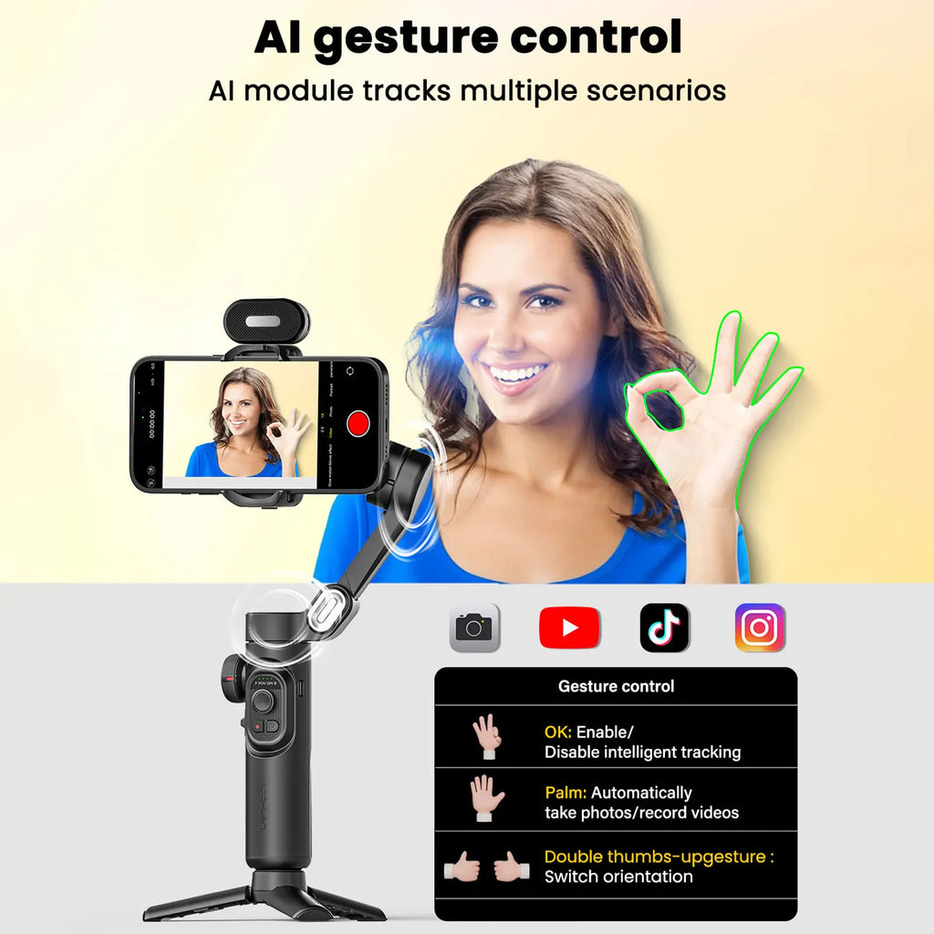 Smart AI Gimbal Stabilizer for Smartphone, AI Tracking, gesture control